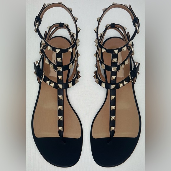 Valentino Garavani Black Calf Leather Bos Taurus Flat Sandals